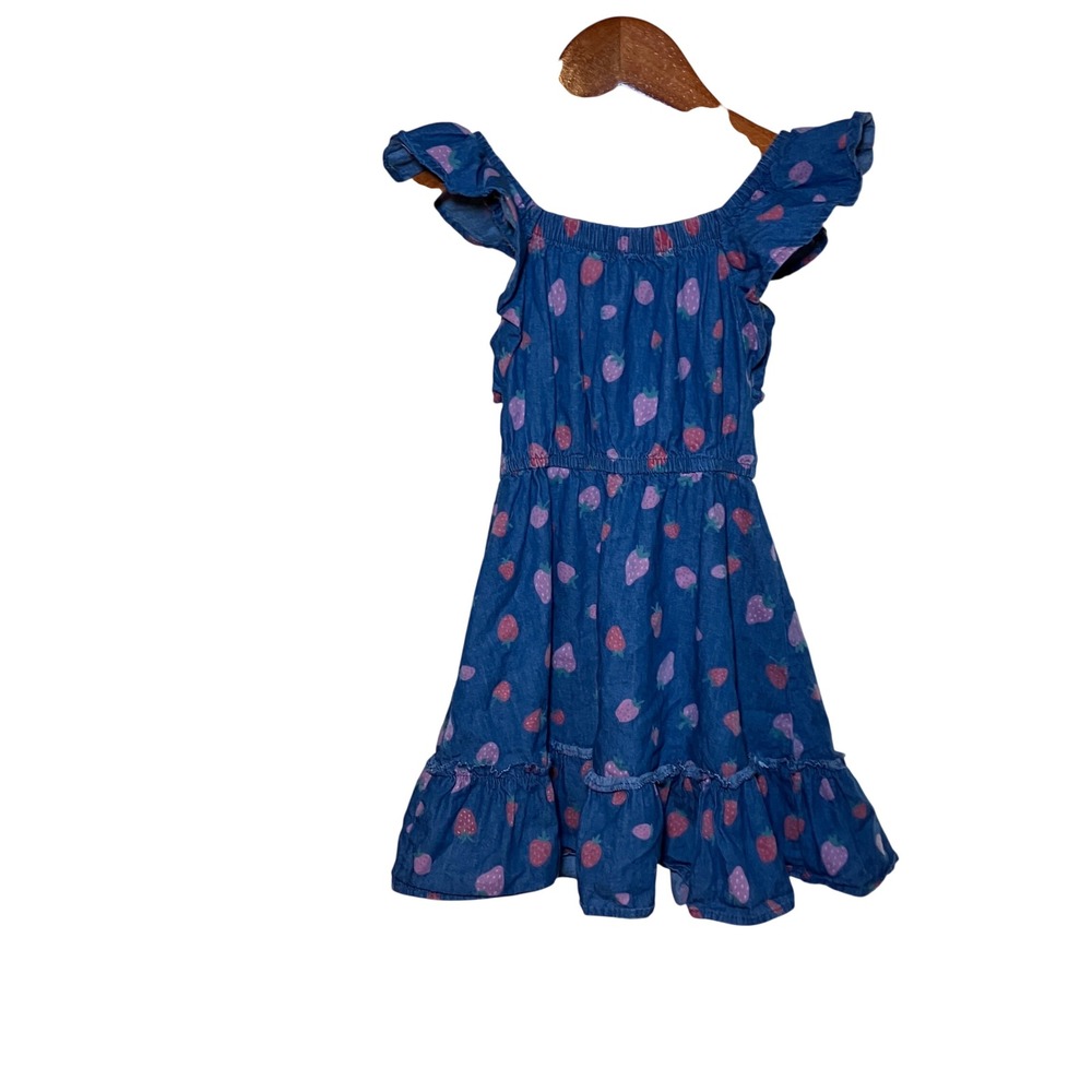 Sweet Story Girls Size 4 Blue Denim Strawberry Print Flutter Sleeve Dress - Picture 4 of 7